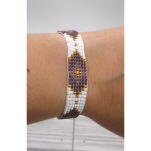 Loom Beaded Bracelet White, Purples and Gold